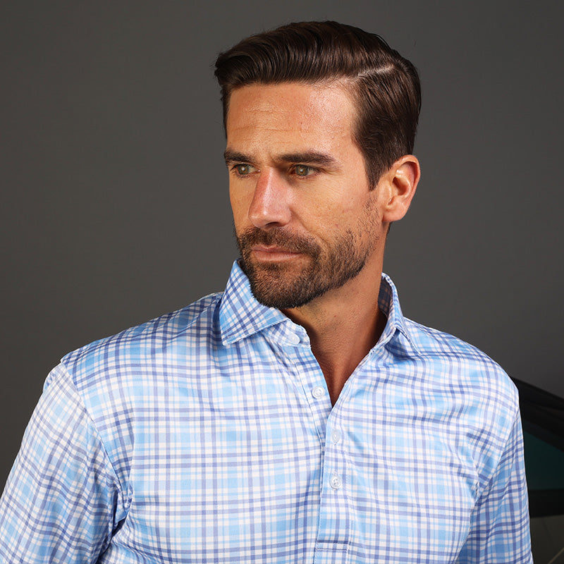 SemiSpread Collar Polo Sea Island Blue and Purple Plaid Collars & Co.