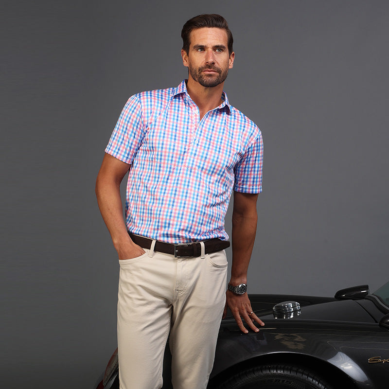 Semi-Spread Collar Polo Nantucket Blue and Pink Gingham
