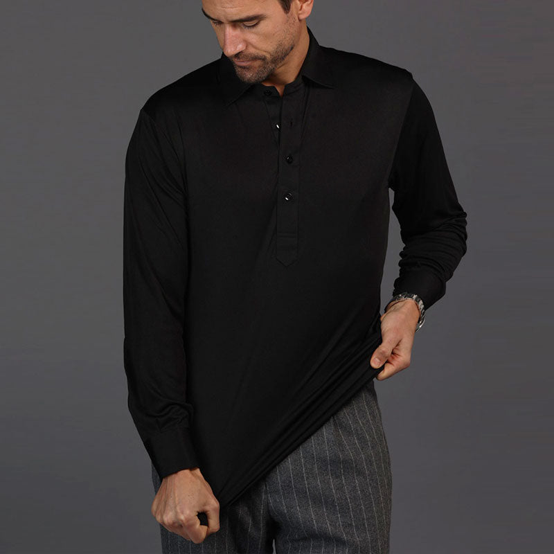 Semi-Spread Collar Polo Long Sleeve Black