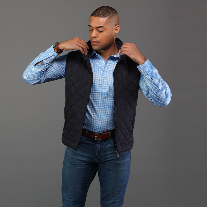 Long Sleeve Semi-Spread Collar Polo Light Blue Micro Gingham S / Light Blue Micro Gingham