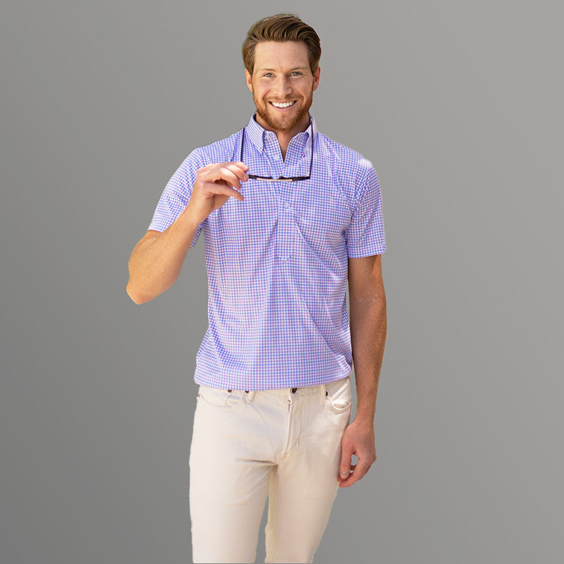 Oxford Button Down Collar Polo Blue and Purple Tattersall