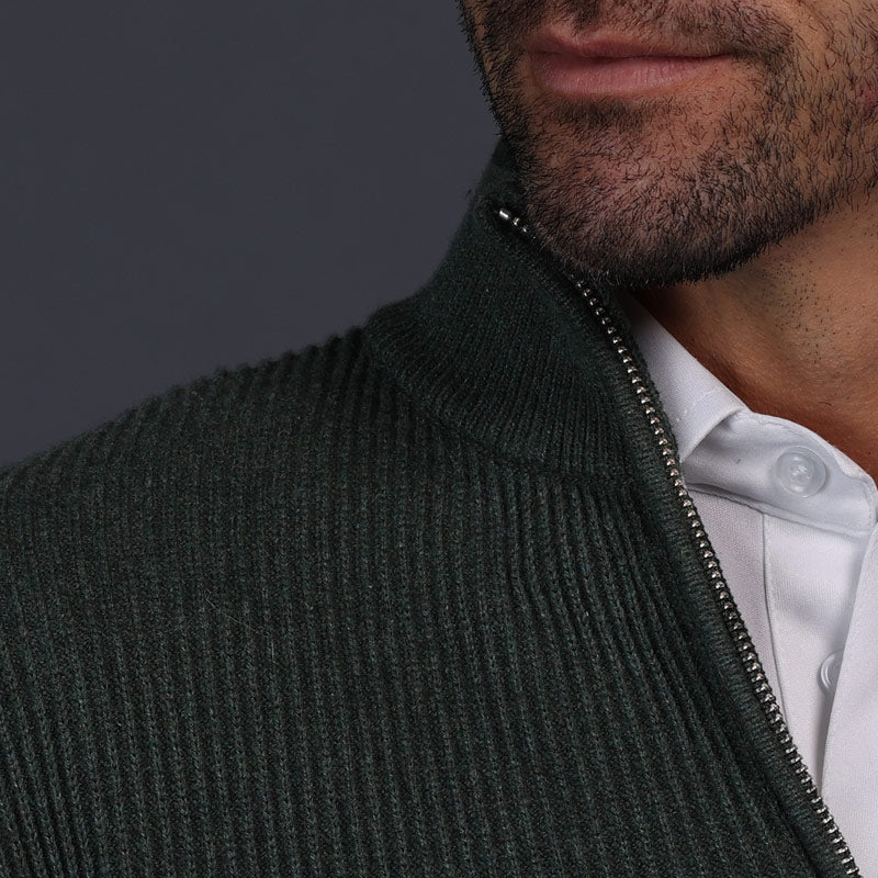 Sequoia Olive Green Quarter Zip Ribbed Cotton Sweater