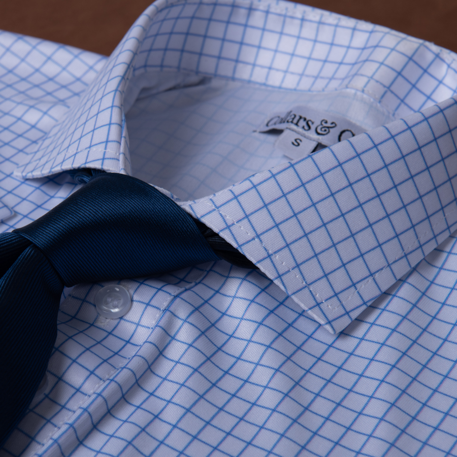 Semi-Spread Collar Polo Thin Blue Check